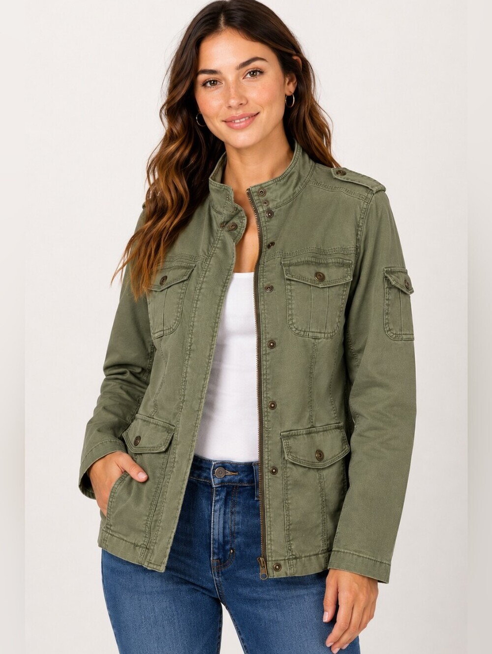 Kensie Jeans Utility Jacket Olive Green Military Cargo Streetwear S